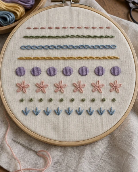 Beginner Embroidery Stitch Sampler (Free Pattern, 8 Stitches)