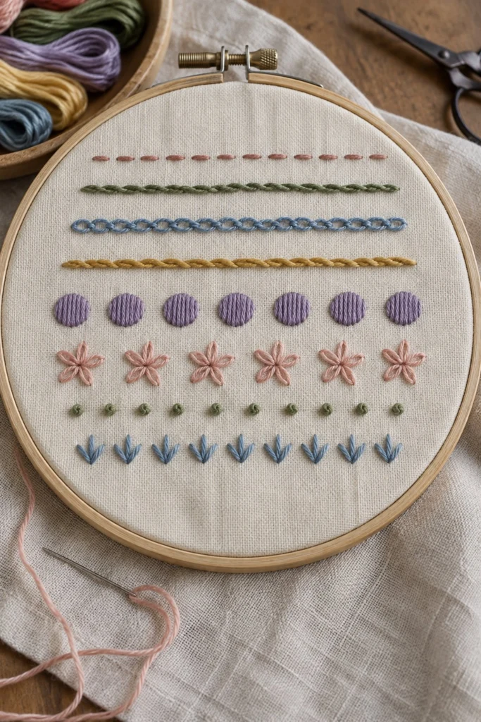 Beginner Embroidery Stitch Sampler (Free Pattern, 8 Stitches)