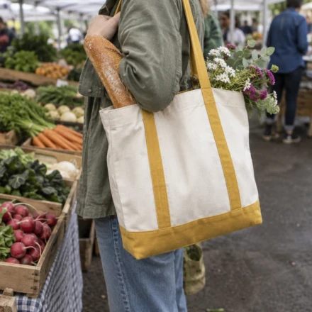 Handmade canvas tote bag with mustard straps at a farmers market - free tote bag sewing pattern