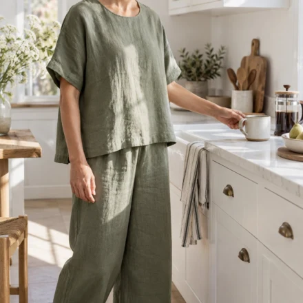 Handmade sage linen boxy top and trousers in a kitchen - easy clothing sewing patterns