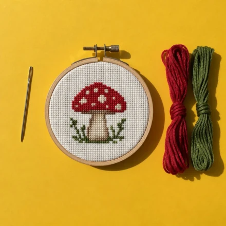 Red mushroom cross stitch in a hoop on yellow - free cross stitch patterns