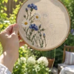 Hand embroidery hoop with cornflowers and daisies held up in a garden - free embroidery patterns