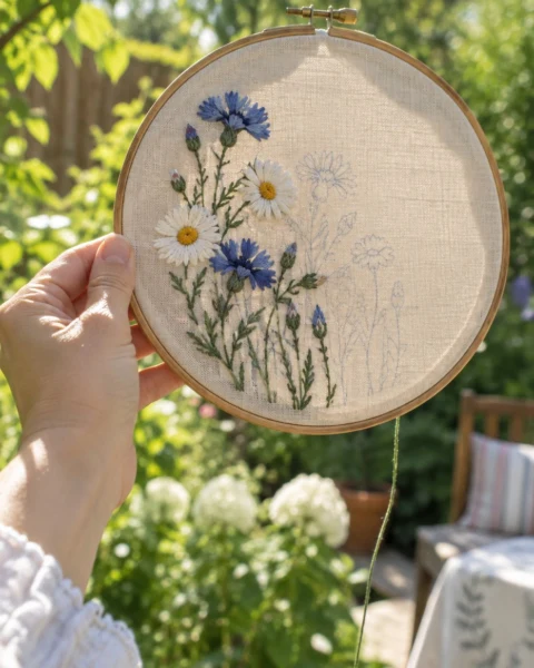 Hand embroidery hoop with cornflowers and daisies held up in a garden - free embroidery patterns