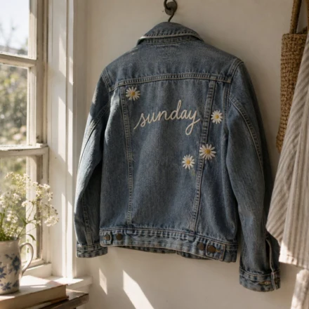 Denim jacket with chain stitch script lettering and daisies - embroidery lettering