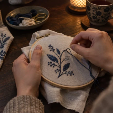 Hands pulling navy floss through linen in a hoop - embroidery stitches for beginners