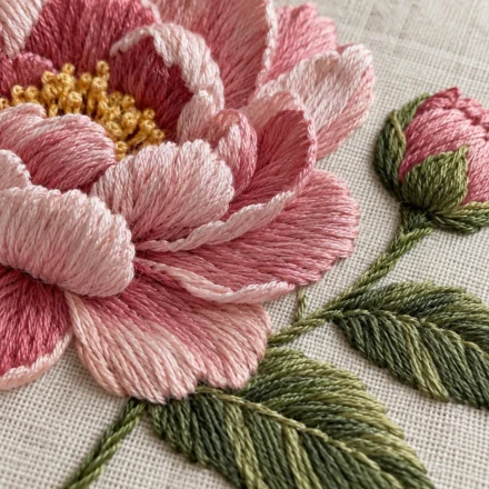 Close-up of satin stitch peony embroidery with fishbone leaves - floral embroidery patterns