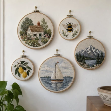 Gallery wall of five finished embroidery hoops - hand embroidery patterns