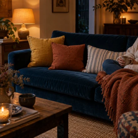 Handmade cushion covers on a blue velvet sofa - home sewing projects