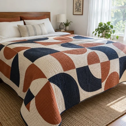Modern terracotta and navy quilt on a bed - free quilt patterns