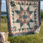 Patchwork star quilt hanging on a clothesline in a meadow - free quilt patterns
