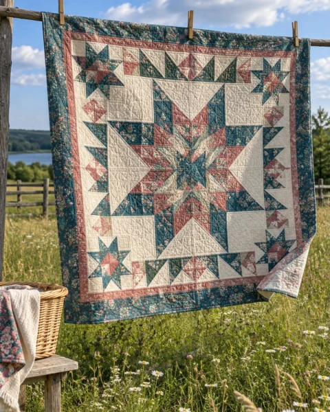 Patchwork star quilt hanging on a clothesline in a meadow - free quilt patterns