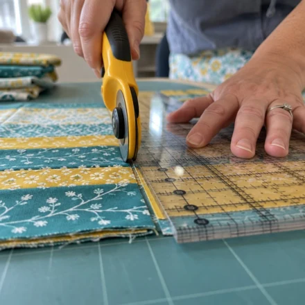 Rotary cutter slicing fabric strips along a quilting ruler - quilting for beginners