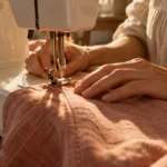 Hands guiding linen under a sewing machine foot - free sewing patterns