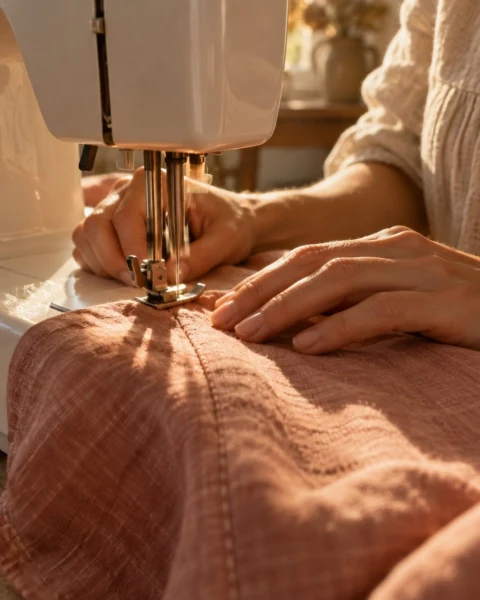Hands guiding linen under a sewing machine foot - free sewing patterns