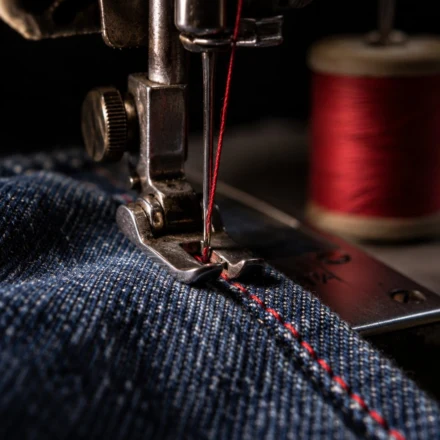 Macro of a sewing machine needle stitching a straight seam in denim - sewing for beginners