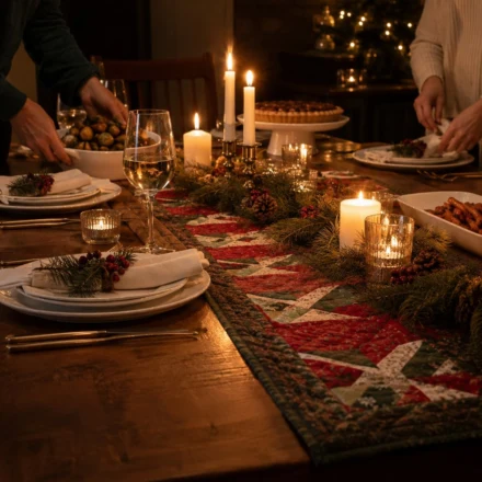 Quilted red and green Christmas table runner by candlelight - table runner patterns